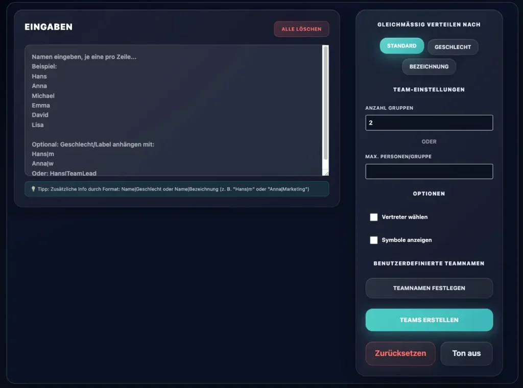 Alle Zufalls Tool 8 Team Generator
